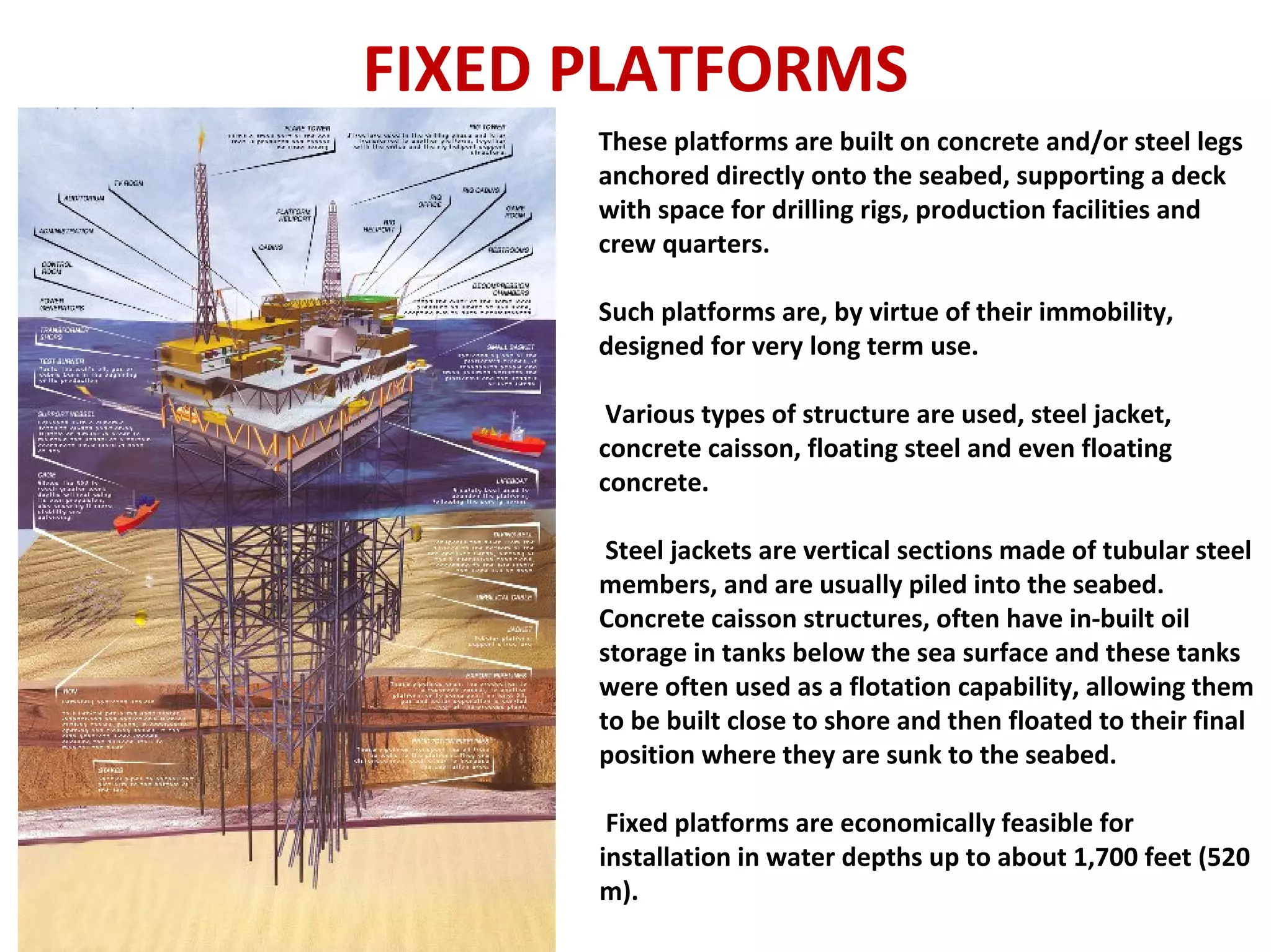FIXED PLATFORMS
These platforms are built on concrete and/or steel legs
anchored directly onto the seabed, supporting a deck
with space for drilling rigs, production facilities and
crew quarters.
Such platforms are, by virtue of their immobility,
designed for very long term use.
Various types of structure are used, steel jacket,
concrete caisson, floating steel and even floating
concrete.
Steel jackets are vertical sections made of tubular steel
members, and are usually piled into the seabed.
Concrete caisson structures, often have in‐built oil
storage in tanks below the sea surface and these tanks
were often used as a flotation capability, allowing them
to be built close to shore and then floated to their final
position where they are sunk to the seabed.
Fixed platforms are economically feasible for
installation in water depths up to about 1,700 feet (520
m).
 