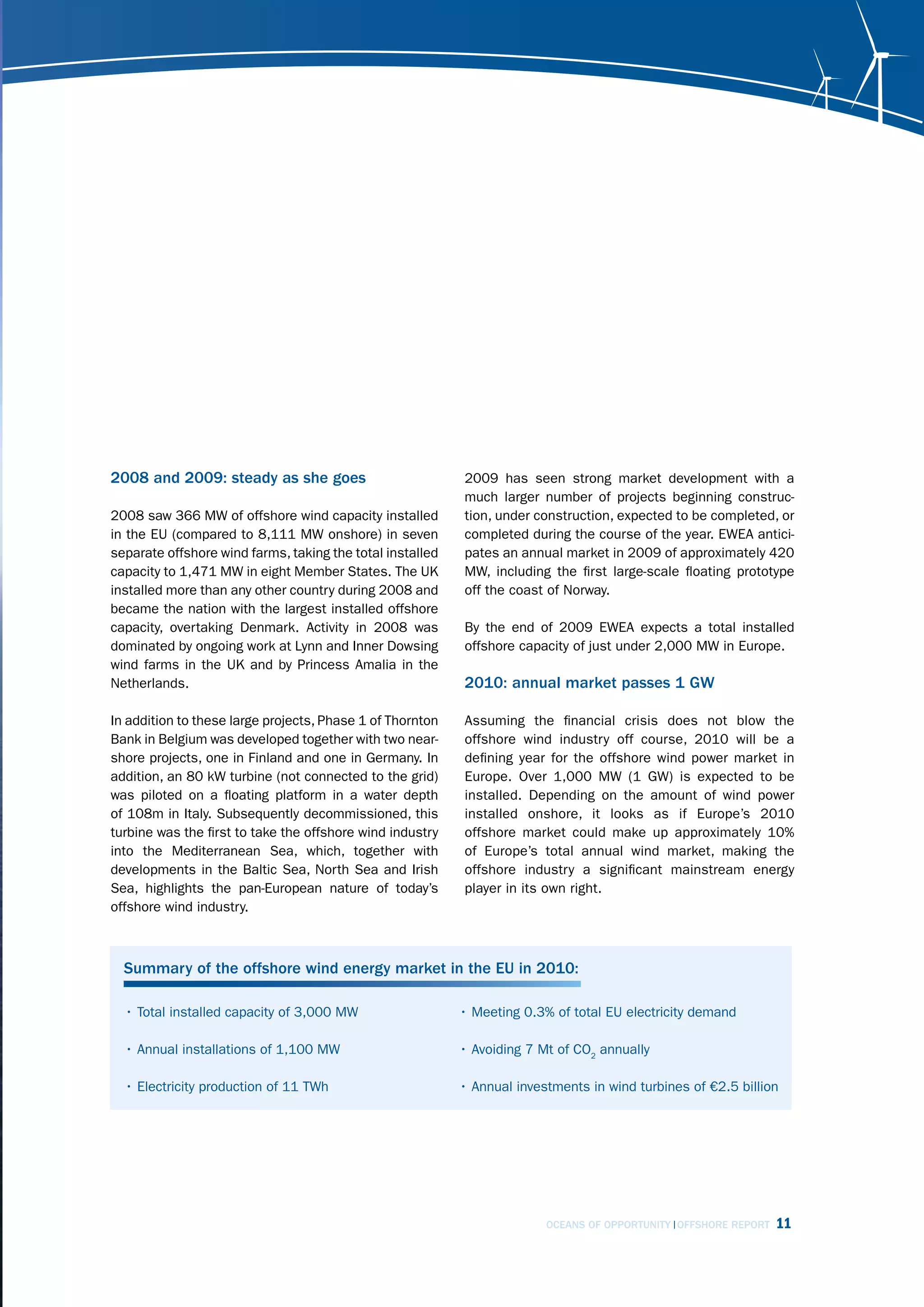 2008 and 2009: steady as she goes                          2009 has seen strong market development with a
                                                           much larger number of projects beginning construc-
2008 saw 366 MW of offshore wind capacity installed        tion, under construction, expected to be completed, or
in the EU (compared to 8,111 MW onshore) in seven          completed during the course of the year. EWEA antici-
separate offshore wind farms, taking the total installed   pates an annual market in 2009 of approximately 420
capacity to 1,471 MW in eight Member States. The UK        MW, including the first large-scale floating prototype
installed more than any other country during 2008 and      off the coast of Norway.
became the nation with the largest installed offshore
capacity, overtaking Denmark. Activity in 2008 was         By the end of 2009 EWEA expects a total installed
dominated by ongoing work at Lynn and Inner Dowsing        offshore capacity of just under 2,000 MW in Europe.
wind farms in the UK and by Princess Amalia in the
Netherlands.                                               2010: annual market passes 1 GW

In addition to these large projects, Phase 1 of Thornton   Assuming the financial crisis does not blow the
Bank in Belgium was developed together with two near-      offshore wind industry off course, 2010 will be a
shore projects, one in Finland and one in Germany. In      defining year for the offshore wind power market in
addition, an 80 kW turbine (not connected to the grid)     Europe. Over 1,000 MW (1 GW) is expected to be
was piloted on a floating platform in a water depth        installed. Depending on the amount of wind power
of 108m in Italy. Subsequently decommissioned, this        installed onshore, it looks as if Europe’s 2010
turbine was the first to take the offshore wind industry   offshore market could make up approximately 10%
into the Mediterranean Sea, which, together with           of Europe’s total annual wind market, making the
developments in the Baltic Sea, North Sea and Irish        offshore industry a significant mainstream energy
Sea, highlights the pan-European nature of today’s         player in its own right.
offshore wind industry.



  Summary of the offshore wind energy market in the EU in 2010:

  • Total installed capacity of 3,000 MW                   • Meeting 0.3% of total EU electricity demand

  • Annual installations of 1,100 MW                       • Avoiding 7 Mt of CO2 annually

  • Electricity production of 11 TWh                       • Annual investments in wind turbines of €2.5 billion




                                                                         OCEANS OF OPPORTUNITY OFFSHORE REPORT   11
 