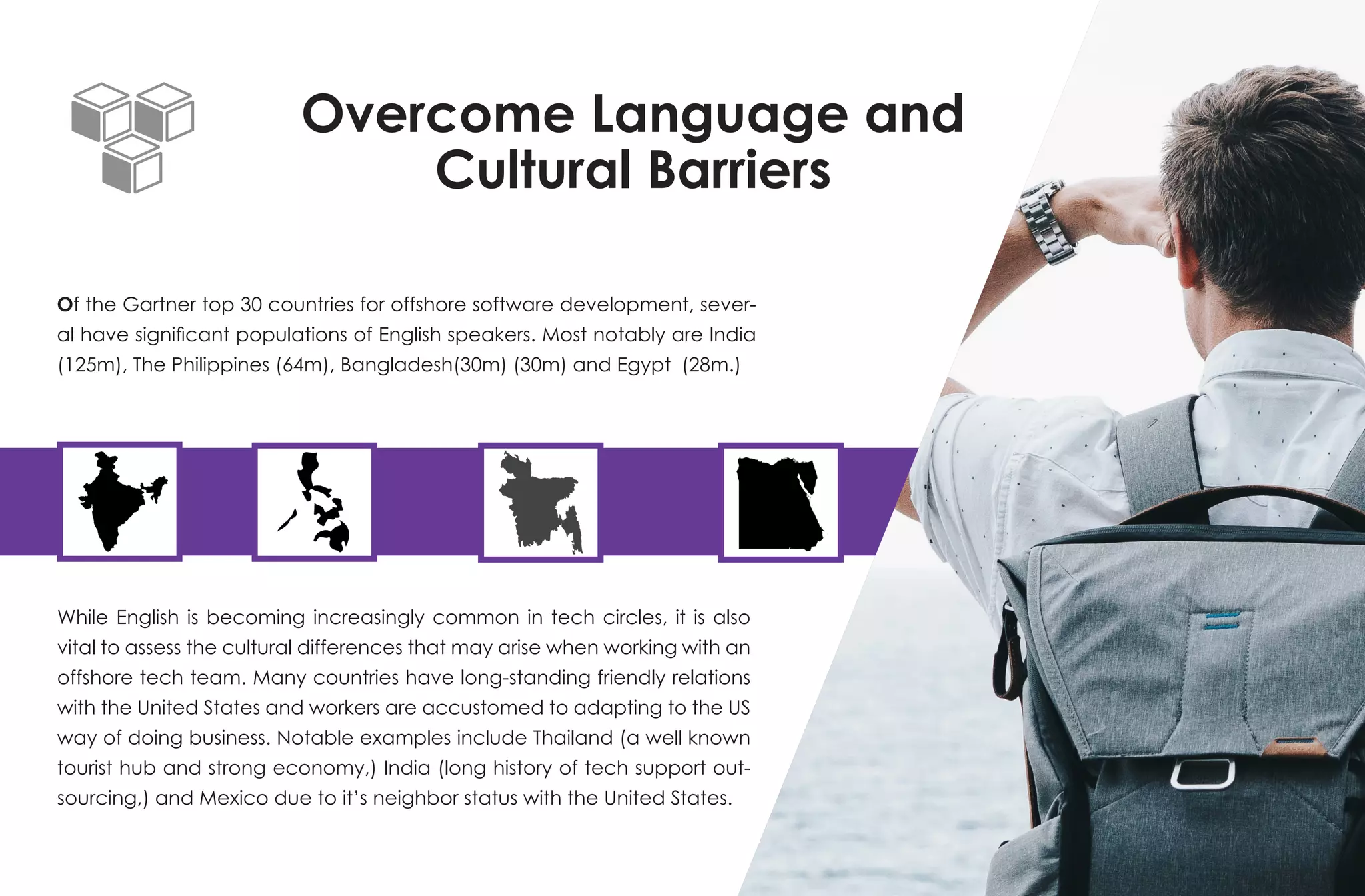 Overcome Language and
Cultural Barriers
Of the Gartner top 30 countries for offshore software development, sever-
al have significant populations of English speakers. Most notably are India
(125m), The Philippines (64m), Bangladesh(30m) (30m) and Egypt (28m.)
While English is becoming increasingly common in tech circles, it is also
vital to assess the cultural differences that may arise when working with an
offshore tech team. Many countries have long-standing friendly relations
with the United States and workers are accustomed to adapting to the US
way of doing business. Notable examples include Thailand (a well known
tourist hub and strong economy,) India (long history of tech support out-
sourcing,) and Mexico due to it’s neighbor status with the United States.
 
