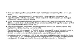 • There is a wide range of industries which benefit from the economic activity of the oil and gas
sector.
• Using the ONS’s Standard Industrial Classification (SIC) codes, Experian has analysed the
expenditure of the industry and used the data to map which industrial sectors gain the largest
employment from the economic activity.
• A large proportion of employment is provided by construction (16%), structural metal products
(12%) and architectural activities and technical consultancy (10%) which together account for 45%
of the total capital expenditure on the UKCS.
• There is also significant employment within nontechnical areas such as business services (8%),
legal activities (6%) and banking and finance (6%).
• The nature of the categories used by the ONS tends to group a wide range of companies under a
fairly small number of SIC codes; Oil & Gas UK believes that this does not do justice to the
diversity of employment and skills found across the sector and its supply chain.
• A broad summary of employment in UK oil and gas related work by industry is provided in Figure
44 which shows oil and gas related employment in different industrial sectors, where the area of
each bubble is directly proportional to the number of jobs represented by that bubble.
 