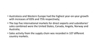 • Australasia and Western Europe had the highest year-on-year growth
with increases of 83% and 75% respectively;
• The top five international markets for direct exports and subsidiaries’
sales combined were the United States, Canada, Angola, Norway and
Australia;
• Sales activity from the supply chain was recorded in 107 different
country markets.
 