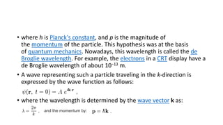 • where h is Planck's constant, and p is the magnitude of
the momentum of the particle. This hypothesis was at the basis
of quantum mechanics. Nowadays, this wavelength is called the de
Broglie wavelength. For example, the electrons in a CRT display have a
de Broglie wavelength of about 10−13 m.
• A wave representing such a particle traveling in the k-direction is
expressed by the wave function as follows:
• where the wavelength is determined by the wave vector k as:
and the momentum by:
 