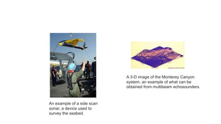 An example of a side scan
sonar, a device used to
survey the seabed.
A 3-D image of the Monterey Canyon
system, an example of what can be
obtained from multibeam echosounders.
 