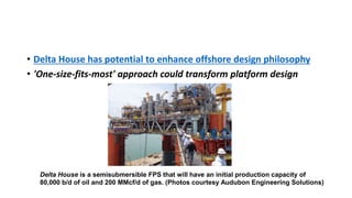 • Delta House has potential to enhance offshore design philosophy
• 'One-size-fits-most' approach could transform platform design
Delta House is a semisubmersible FPS that will have an initial production capacity of
80,000 b/d of oil and 200 MMcf/d of gas. (Photos courtesy Audubon Engineering Solutions)
 