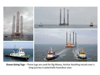 Ocean-Going Tugs – These tugs are used for Rig Moves, Anchor Handling vessels over a
long journey in potentially hazardous seas.
 