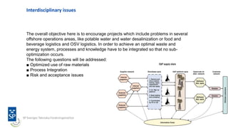 Interdisciplinary issues
The overall objective here is to encourage projects which include problems in several
offshore operations areas, like potable water and water desalinization or food and
beverage logistics and OSV logistics. In order to achieve an optimal waste and
energy system, processes and knowledge have to be integrated so that no sub-
optimization occurs.
The following questions will be addressed:
■ Optimized use of raw materials
■ Process Integration
■ Risk and acceptance issues
 