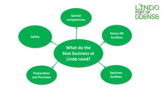 What do the 
blue business at 
Lindø need? 
Safety 
Heavy lift 
facilities 
Spacious 
facilities 
Preparation 
and Precision 
Special 
competences 
 