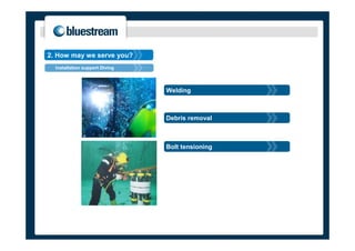 2. How may we serve you?
  Installation support Diving



                                Welding



                                Debris removal



                                Bolt tensioning
 