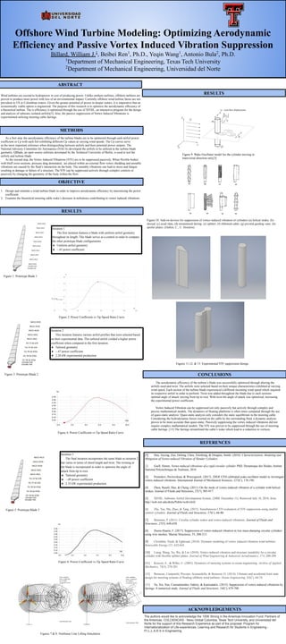 Offshore Wind Turbine Modeling: Optimizing Aerodynamic
Efficiency and Passive Vortex Induced Vibration Suppression
Billard, William J.1
, Beibei Ren1
, Ph.D., Yeqin Wang1
, Antonio Bula2
, Ph.D.
1
Department of Mechanical Engineering, Texas Tech University
2
Department of Mechanical Engineering, Universidad del Norte
ABSTRACT
METHODS
OBJECTIVE
RESULTS
CONCLUSIONS
Wind turbines are second to hydropower in cost of producing power. Unlike onshore turbines, offshore turbines are
proven to produce more power with less of an environmental impact. Currently offshore wind turbine farms are not
prevalent in US or Colombian waters. Given the greater potential of power in deeper waters, it is imperative that an
economically viable option is engineered. The purpose of this research is to optimize the aerodynamic efficiency of
a theoretical turbine. The is efficiency is optimized through the use of XFOIL, an interactive program for the design
and analysis of subsonic isolated airfoils[5]. Also, the passive suppression of Vortex Induced Vibrations is
experimented utilizing mooring cable fairings.
ACKNOWLEDGEMENTS
As a first step, the aerodynamic efficiency of the turbine blades are to be optimized through each airfoil power
coefficient or Cp with each foil exhibiting different Cp values at varying wind speeds. The Cp curves serve
as the most important reference when distinguishing between airfoils and their potential power outputs. The
National Advisory Committee for Aeronautics (NACA) developed the airfoils to be utilized in the turbine blade
geometry. QBlade, an open source software developed by the Technical University of Berlin, is used to test the
airfoils and turbine blade.
As the second step, the Vortex Induced Vibrations (VIV) are to be suppressed passively. When flexible bodies
with bluff cross sections, pressure drag dominated, are placed within an external flow vortex shedding and unstable
vibrations are caused by the fluid’s interaction on the body. The unstable vibrations can lead to stress and fatigue
resulting in damage or failure of a structure. The VIV can be suppressed actively through complex controls or
passively by changing the geometry of the body within the flow.
1. Design and simulate a wind turbine blade in order to improve aerodynamic efficiency by maximizing the power
coefficient.
2. Examine the theoretical mooring cable wake’s decrease in turbulence contributing to vortex induced vibrations.
RESULTS
Iteration 1
The first iteration features a blade with uniform airfoil geometry
throughout its length. This blade serves as a control in order to compare
the other prototype blade configurations.
● Uniform airfoil geometry
● ~.45 power coefficient
Figure 1: Prototype Blade 1
Figure 2: Power Coefficient vs Tip Speed Ratio Curve
Figure 4: Power Coefficient vs Tip Speed Ratio Curve
Figure 3: Prototype Blade 2
Iteration 2
This iteration features various airfoil profiles that were selected based
on their experimental data. This tailored airfoil yielded a higher power
coefficient when compared to the first iteration.
● Tailored geometry
● ~.47 power coefficient
● 2.28 kW experimental production
Figure 5: Prototype Blade 3
Figure 6: Power Coefficient vs Tip Speed Ratio Curve
Figures 7 & 8: Nonlinear Line Lifting Simulation
Iteration 3
The final iteration incorporates the same blade as iteration 2
but varies in terms of chord length and twist. The twisting in
the blade is incorporated in order to optimize the angle of
attack from tip to root.
● Tailored geometry
● ~.49 power coefficient
● 2.35 kW experimental production
REFERENCES
The aerodynamic efficiency of the turbine’s blade was successfully optimized through altering the
airfoils used and twist. The airfoils were selected based on their unique characteristics exhibited at varying
wind speed. Each section of the turbine blade experienced a different incoming wind speed which required
its respective airfoil in order to perform. Twist was added throughout the blade due to each sections
optimal angle of attack varying from tip to root. With twist the angle of attack was optimized, increasing
the experimental power coefficient.
Vortex Induced Vibration can be suppressed not only passively but actively through complex and
precise mathematical models. The dynamics of floating platforms is often times computed through the use
of quasi-static analysis. Quasi-static analysis only considers the static equilibrium in the mooring cable.
Considering the hydrodynamic forces exerted on the cable by the surrounding fluid, a dynamic analysis
proves to be more accurate than quasi-static. Passively suppressing the vortex induced vibrations did not
require complex mathematical models. The VIV was proven to be suppressed through the use of mooring
cable fairings .[13] The fairings streamlined the cable’s wake which lead to a reduction in vortices.
The authors would like to acknowledge the 100K Strong in the Americas Innovation Fund, Partners of
the Americas, COLCIENCIAS - Nexo Global Colombia, Texas Tech University, and Universidad del
Norte for the support of this Research Experience as part of the proposal: Program for
Internationalization of Life-experiences, Learning and Research for Students in Engineering -
P.I.L.L.A.R.S in Engineering
[1] Hua, Jieying, Zuo, Delong, Chen, Xinzhong, & Douglas, Smith. (2016). Characterization, Modeling and
Mitigation of Vortex-induced Vibration of Slender Cylinders.
[2] Gsell, Simon. Vortex-induced vibrations of a rigid circular cylinder. PhD, Dynamique des fluides, Institut
National Polytechnique de Toulouse, 2016
[3] Postnikov, Pavlovskaia, & Wiercigroch. (2017). 2DOF CFD calibrated wake oscillator model to investigate
vortex-induced vibrations. International Journal of Mechanical Sciences, 127(C), 176-190.
[4] Zhou, Razali, Hao, & Cheng. (2011). On the study of vortex-induced vibration of a cylinder with helical
strakes. Journal of Fluids and Structures, 27(7), 903-917.
[5] XFOIL: Subsonic Airfoil Development System. (2000, December 11). Retrieved July 18, 2018, from
http://web.mit.edu/drela/Public/web/xfoil/
[6] Zhu, Yao, Ma, Zhao, & Tang. (2015). Simultaneous CFD evaluation of VIV suppression using smaller
control cylinders. Journal of Fluids and Structures, 57(C), 66-80.
[7] Bearman, P. (2011). Circular cylinder wakes and vortex-induced vibrations. Journal of Fluids and
Structures, 27(5), 648-658.
[8] Huera-Huarte, F. (2017). Suppression of vortex-induced vibration in low mass-damping circular cylinders
using wire meshes. Marine Structures, 55, 200-213.
[9] Chizfahm, Yazdi, & Eghtesad. (2018). Dynamic modeling of vortex induced vibration wind turbines.
Renewable Energy,121, 632-643.
[10] Liang, Wang, Xu, Wu, & Lin. (2018). Vortex-induced vibration and structure instability for a circular
cylinder with flexible splitter plates. Journal of Wind Engineering & Industrial Aerodynamics, 174, 200-209.
[11] Kreuzer, E., & Wilke, U. (2003). Dynamics of mooring systems in ocean engineering. Archive of Applied
Mechanics, 73(3), 270-281.
[12] Benassai, Campanile, Piscopo, Scamardella, & Benassai, G. (2014). Ultimate and accidental limit state
design for mooring systems of floating offshore wind turbines. Ocean Engineering, 92(C), 64-74.
[13] Yu, Xie, Yan, Constantinides, Oakley, & Karniadakis. (2015). Suppression of vortex-induced vibrations by
fairings: A numerical study. Journal of Fluids and Structures, 54(C), 679-700.
Figure 9: Wake Oscillator model for the cylinder moving in
transversal direction only[3]
Figure 10: Add-on devices for suppression of vortex-induced vibration of cylinders (a) helical strake; (b)
shroud; (c) axial slats; (d) streamlined fairing; (e) splitter; (f) ribboned cable; (g) pivoted guiding vane; (h)
spoiler plates. (Dalton, C., U. Houston)
Figures 11,12, & 13: Experimental VIV suppression fairngs.
 