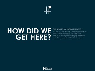 THIS WASN’T AN OVERNIGHT EVENT.
It	
  was	
  slow	
  and	
  stealthy.	
  	
  Born	
  of	
  thousands	
  of	
  
small	
  tweaks,	
  upgrades,	
  and	
  shifts	
  each	
  
individually	
  benign	
  but	
  adding	
  up	
  until	
  their	
  
cumulative	
  impact	
  is	
  difGicult	
  to	
  ignore...
HOW DID WE
GET HERE?
 
