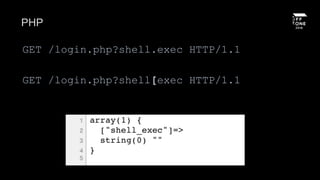 PHP
GET /login.php?shell.exec HTTP/1.1
GET /login.php?shell[exec HTTP/1.1
 