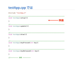 testApp.cpp では
準備
#include "testApp.h"
//--------------------------------------------------------------
void testApp::setup(){
}
//--------------------------------------------------------------
void testApp::update(){
}
//--------------------------------------------------------------
void testApp::draw(){
}
//--------------------------------------------------------------
void testApp::keyPressed(int key){
}
//--------------------------------------------------------------
void testApp::keyReleased(int key){
}
//--------- 後略 ---------
準備
 