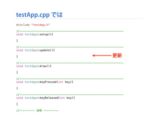 testApp.cpp では
準備
#include "testApp.h"
//--------------------------------------------------------------
void testApp::setup(){
}
//--------------------------------------------------------------
void testApp::update(){
}
//--------------------------------------------------------------
void testApp::draw(){
}
//--------------------------------------------------------------
void testApp::keyPressed(int key){
}
//--------------------------------------------------------------
void testApp::keyReleased(int key){
}
//--------- 後略 ---------
更新
 