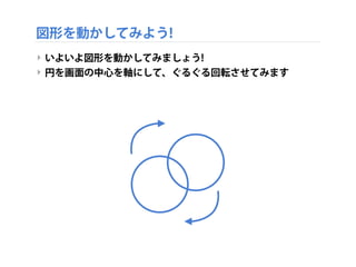 図形を動かしてみよう!
‣ いよいよ図形を動かしてみましょう!
‣ 円を画面の中心を軸にして、ぐるぐる回転させてみます
 
