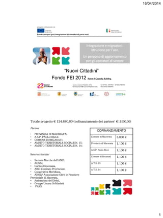 16/04/2014
1
“Nuovi Cittadini”
Fondo FEI 2012 Azione 7 Capacity Building.
Integrazione e migrazioni:
Istruzione per l’uso.
Un percorso di aggiornamento
per gli operatori di settore
Totale progetto € 124.680,00 (cofinanziamento dei partner: €11500,00)
Partner
• PROVINCIA DI MACERATA;
• A.S.P. PAOLO RICCI;
• COMUNE DI RECANATI;
• AMBITO TERRITORIALE SOCIALE N. 15;
• AMBITO TERRITORIALE SOCIALE N. 14;
Rete territoriale:
• Sezione Marche dell’ANCI,
• ACSIM,
• Caritas Diocesana,
• ARCI Comitato Provinciale,
• Cooperativa Meridiana,
• ANOLF Associazione Oltre le Frontiere
Provinciale di Macerata,
• Ambasciata dei Diritti,
• Gruppo Umana Solidarietà
• PARS.
COFINANZIAMENTO
Comune di Macerata 6,000 €
Provincia di Macerata 1,100 €
A.S.P. Paolo Ricci 1,100 €
Comune di Recanati 1,100 €
A.T.S. 15 1,100 €
A.T.S. 14 1,100 €
 