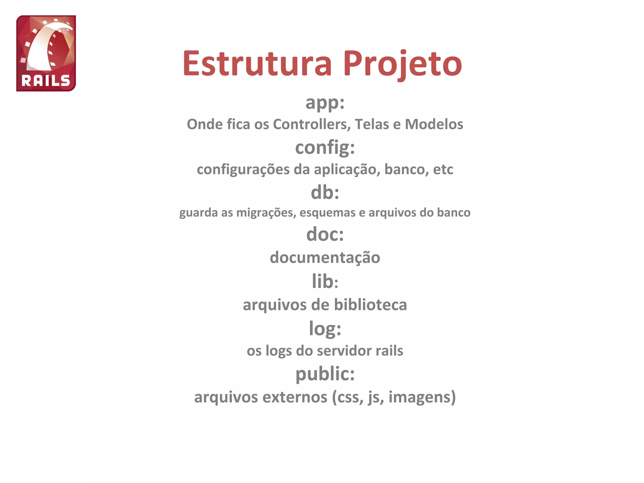 Estrutura Projeto app: Onde fica os Controllers, Telas e Modelos config: configurações da aplicação, banco, etc db: guarda as migrações, esquemas e arquivos do banco doc: documentação lib : arquivos de biblioteca log: os logs do servidor rails public: arquivos externos (css, js, imagens) 