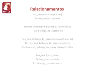 Relacionamentos has_many (muitos pra um) Ex: has_many :contacts belongs_to (um pra muitos) ou (pertence à) Ex: belongs_to :customers has_and_belongs_to_many (muitos p/ muitos) Ex: has_and_belongs_to_many :products Ex: has_and_belongs_to_many :characteristics has_one (um p/ um) Ex: has_one :contacts Ex: belongs_to :customers 
