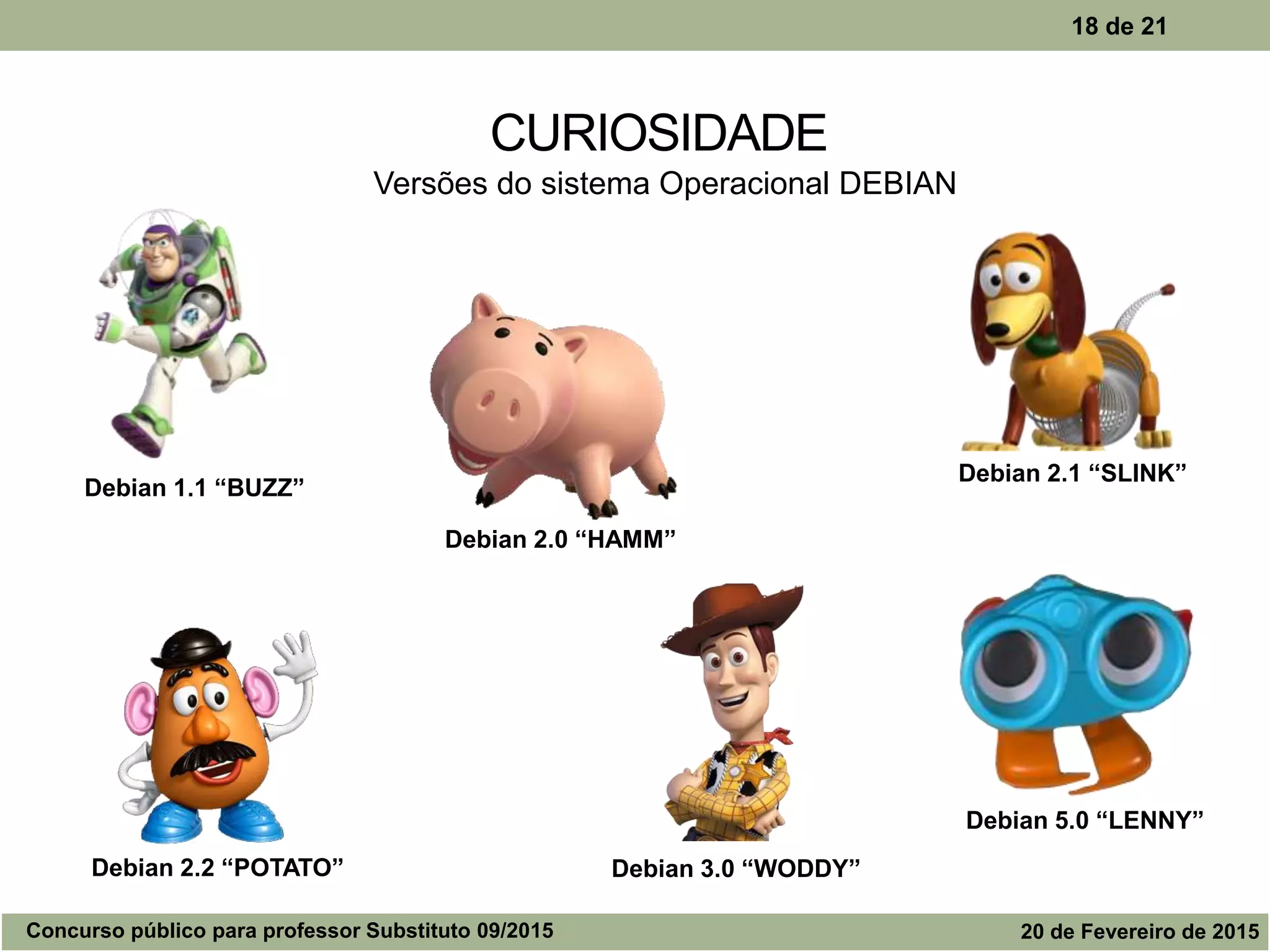 18 de 21
CURIOSIDADE
Debian 1.1 “BUZZ”
Debian 2.0 “HAMM”
Debian 2.1 “SLINK”
Debian 2.2 “POTATO” Debian 3.0 “WODDY”
Debian 5.0 “LENNY”
Versões do sistema Operacional DEBIAN
Concurso público para professor Substituto 09/2015 20 de Fevereiro de 2015
 