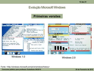 Evolução Microsoft Windows
13 de 21
Windows 1.0 Windows 2.0
Primeiras versões
Fonte: <http://windows.microsoft.com/pt-br/windows/history>
Concurso público para professor Substituto 09/2015 20 de Fevereiro de 2015
 
