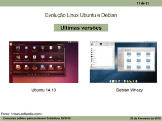 Evolução Linux Ubuntu e Debian
17 de 21
Ubuntu 14.10 Debian Whezy
Ultimas versões
Fonte: <news.softpedia.com>
Concurso público para professor Substituto 09/2015 20 de Fevereiro de 2015
 