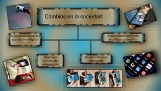 Cambios en la sociedad:
La generalización de los
aparatos tecnológicos
Rápido desenvolvimiento
tecnológico y científico
Mayor uso
en redes de
comunicación
Globalización de la
información
 