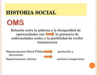Relación entre la pobreza y la desigualdad de oportunidades con  la presencia de enfermedades orales y la posibilidad de recibir tratamientos Departamentos Salud Pública  promoción y prevención Departamentos clínicos  acciones terapéuticas HISTORIA SOCIAL 