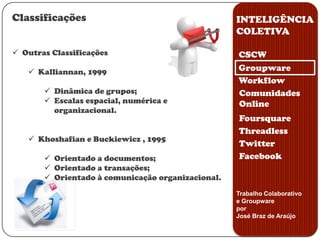 INTELIGÊNCIA COLETIVAGroupwareCSCWGroupware1. “Uma família de aplicações, baseadas em computador, que dá suporte a grupos de pessoas, engajadas em uma tarefa comum e que provê uma interface para compartilhar o ambiente, especialmente ao nível de comunicação, colaboração e suporte à decisão.”2. “Groupware é um termo genérico que denomina sistemas desenvolvidos objetivando a utilização e integração de muitos dos softwares e hardwares existentes de maneira a permitir o trabalho colaborativo.”WorkflowComunidades OnlineFoursquareThreadlessTwitterFacebook1. Ellis, Gibbs e Rein2. Khoshafian e Buckiewicz