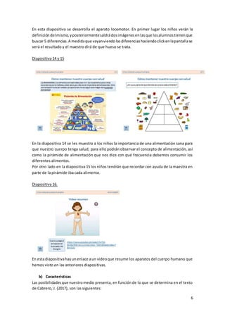 6
En esta diapositiva se desarrolla el aparato locomotor. En primer lugar los niños verán la
definicióndel mismo,yposteriormentesaldrádosimágenesenlasque losalumnostienenque
buscar 5 diferencias.A medidaque vayanviendolasdiferenciashaciendoclickenlapantallase
verá el resultado y el maestro dirá de que hueso se trata.
Diapositiva 14 y 15
En la diapositiva 14 se les muestra a los niños la importancia de una alimentación sana para
que nuestro cuerpo tenga salud, para ello podrán observar el concepto de alimentación, así
como la pirámide de alimentación que nos dice con qué frecuencia debemos consumir los
diferentes alimentos.
Por otro lado en la diapositiva 15 los niños tendrán que recordar con ayuda de la maestra en
parte de la pirámide iba cada alimento.
Diapositiva 16.
En estadiapositivahay unenlace aun videoque resume los aparatos del cuerpo humano que
hemos visto en las anteriores diapositivas.
b) Características
Las posibilidadesque nuestromedio presenta, en función de lo que se determina en el texto
de Cabrero, J. (2017), son las siguientes:
 