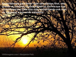 Especialmente para tentar fazer uma síntese final, integrando as sombras, realimentando os sonhos que nos sustentaram por toda uma vida, reconciliando-nos com os fracassos e buscando sabedoria.  Especialmente para tentar fazer uma síntese final, inte-grando as sombras, realimentando os sonhos que nos sustentaram por toda uma vida, reconciliando-nos com os fracassos e buscando sabedoria.  