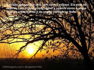 É ilusão pensar que esta vem com a velhice. Ela vem do espírito com o qual vivenciamos a velhice como a etapa final do crescimento e de nosso verdadeiro Natal. É ilusão pensar que esta vem com a velhice. Ela vem do espírito com o qual vivenciamos a velhice como a etapa final do crescimento e de nosso verdadeiro Natal. 