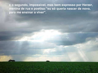 e o segundo, impossível, mas bem expresso por Herzer, menina de rua e poetisa:”eu só queria nascer de novo, para me ensinar a viver”.  e o segundo, impossível, mas bem expresso por Herzer, menina de rua e poetisa:”eu só queria nascer de novo, para me ensinar a viver”.  
