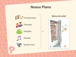 Nosso Plano

                     Banco de Leite!
Conhecimento


Parcerias


Doações


Eventos


Evento Final
 