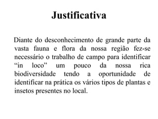 Justificativa
Diante do desconhecimento de grande parte da
vasta fauna e flora da nossa região fez-se
necessário o trabalho de campo para identificar
“in loco” um pouco da nossa rica
biodiversidade tendo a oportunidade de
identificar na prática os vários tipos de plantas e
insetos presentes no local.
 