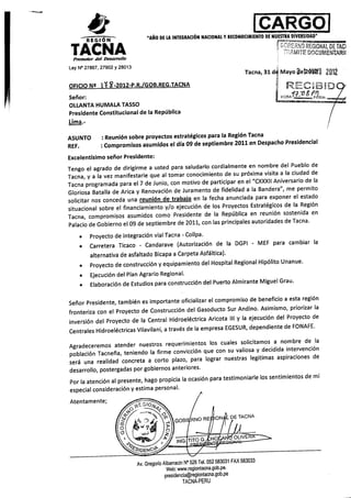 Ofici n°178 2012-  Chocano pide a Ollanta obras para Tacna 