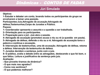 Objetivos:
1- Estudar e debater um conto, levando todos os participantes do grupo se
envolverem e tomar uma posição.
Participantes:Juiz,Advogado de acusação,Advogado de
defesa,Testemunhas,Corpo de Jurados e Público.
Passos:
1- Coordenador apresenta o assunto e a questão a ser trabalhada.
2- Orientação para os participantes.
3- Preparação para o júri. Juiz abre a sessão.
4- Advogado de acusação (promotor) acusa o réu ou ré (a questão em pauta).
5- Advogado de defesa, defende o réu ou a ré. Advogado de acusação toma a
palavra e continua a acusação.
6- Intervenção de testemunhas, uma de acusação. Advogado de defesa, retoma
a defesa. Intervenção da testemunha de defesa.
7- Jurados decidem a sentença, junto com o juiz.
8- O público, avalia o debate entre os advogados, destacando o que foi bom, o
que faltou. Leitura e justificativa da sentença pelo juiz.
Avaliação:
- Que proveito tiramos da dinâmica?
- O que mais nos agradou?
- Como nos sentimos?
- O que podemos melhorar?
Júri Simulado
Dinâmicas - CONTOS DE FADAS
 