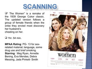 “ The Women” is a remake of
the 1939 George Cukor classic.
The updated version follows a
group of female friends when the
onbe they envied most discovery
her husband’s
cheating on her.
 1hr. 54 min.
MPAA Rating: PG- 13 for sex-
related material, language, some
drug use and brief smoking.
Starring: Meg Ryan, Annette
Bening, Eva Mendes, Debra
Messing, Jada Pinkett- Smith
SCANNING
 