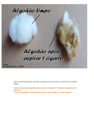 Após a demonstração da experiência promova uma conversa a respeito do resultado
obtido:
• Qual o aspecto do algodão após aspirar um cigarro? E depois de aspirar três
cigarros?
• A que conclusões o experimento nos leva em relação ao uso do cigarro?
 