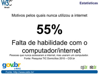 Estatísticas
55%
Falta de habilidade com o
computador/internet
Fonte: Pesquisa TIC Domicílios 2010 – CGI.br
Pessoas que nunca acessaram a internet, mas usaram um computador.
Motivos pelos quais nunca utilizou a internet
Fonte: http://www.cetic.br/
 