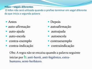 Nova regraOs hiatos “oo” e “ee” não serão mais acentuadosAntesenjôoVôo perdôo abençôo povôo crêem dêem, lêem, vêem, relêemDepoisenjoovooPerdooabençoopovoocreem, deem, leem, veem, releemenjôoen.jô.o