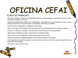 OFICINA CEFAIPLANO DE TRABALHO:
•Oferecer a qualquer criança com necessidades especiais o apoio pedagógico especializado, para que tenha
condições de acesso ao currículo;
•Aplicar procedimento de avaliação – por especialistas – que subsidiem a caracterização da criança – para a
tomada de decisão sobre as prioridades e estratégias referentes ao conteúdo;
•Contribuir para a superação do “isolamento” deste aluno;
•Servir como apoio e intercâmbio entre práticas educativas na Educação especial e Educação regular;
•Favorecer o entender a Inclusão = como processo, removendo as barreiras do aprender;
•Motivar para freqüentar as aulas e participar de atividades em sala;
•Visita a escolas, para sugestionar a pensar como superar as barreiras;
•Construir processo de adaptação gradual de diferentes formas de comunicação;
•Criar dispositivos nas práticas, ações e crenças de forma a discernir onde há riscos da integridade física e
intelectual dos educandos;
•Incentivar o estar feliz na escola.
 