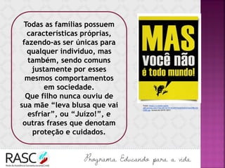 Todas as famílias possuem
características próprias,
fazendo-as ser únicas para
qualquer indivíduo, mas
também, sendo comuns
justamente por esses
mesmos comportamentos
em sociedade.
Que filho nunca ouviu de
sua mãe “leva blusa que vai
esfriar”, ou “Juízo!”, e
outras frases que denotam
proteção e cuidados.
Fonte: https://s-media-cache-
ak0.pinimg.com/736x/65/34/5f/65345f74dd035a9327ebe298c32b
2300.jpg Acesso em 24/01/2017.
 