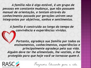 A família não é algo estável, é um grupo de
pessoas em constante mudança, que não possuem
manual de orientação, e tentam através do
conhecimento passado por gerações unirem seus
integrantes por objetivos, sonhos e sentimentos.
A família é construída ao longo do tempo de
convivência e experiências vividas.
Portanto, agradeça sua família por todos os
ensinamentos, conhecimentos, experiências e
principalmente agradeça pela sua vida.
Alguém deve ter lhe alimentado, lhe vestido, e lhe
protegido para que hoje você se tornasse quem é.
 