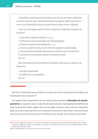 10            Oficinas de escrita – NPPEB




                   A experiência mostra que as observações orais não são, por regra, suficientes:
                os alunos esquecem-nas e chamam novamente o professor. Nestes casos deve re-
                correr-se às indicações escritas, necessariamente curtas, claras e objetivas.

                  Uma vez selecionada a parte do texto a reparar, eis algumas indicações de
                reescrita 9:

                   1. Insere duas vírgulas nesta frase. (+ 2 , ).
                   2. Utiliza um conector para ligar estes dois parágrafos.
                   3. Elimina um ponto neste parágrafo. (- 1 .).
                   4. Procura, no dicionário, como se escrevem as palavras sublinhadas.
                   5. Há uma palavra repetida. Encontra-a e substitui-a por um sinónimo.
                   6. Escolhe um conector para iniciar a conclusão do texto.
                   Etc., etc.

                   São extremamente desaconselháveis indicações como as que se seguem, tão
                frequentes:

                   1. Atenção à pontuação!
                   2. Cuidado com os parágrafos!
                   Etc., etc.




        No final, é importante que o professor verifique se foram cumpridas as instruções e se
     é necessária nova reescrita 10.

        Um aspeto muito importante a ter em conta relativamente às indicações de aperfei-
     çoamento é o seguinte: evitar a reescrita do texto todo. Se o texto apresenta deficiências
     logo nas primeiras linhas, podem dar-se instruções relativas a elas. Uma vez resolvidas,
     pede-se ao aluno que sozinho ou em conjunto (no caso de o texto estar a ser escrito por
     mais que um) encontre no texto erros idênticos e os corriga. Isto funciona muito bem!



     (9) O uso de um código de correção é muito eficaz, mas não basta. É conveniente o acompanhamento do professor. Sobre a elabo-
         ração de um código de correção e sua utilização, ver, do autor, Ensinar e aprender a escrever – por uma prática diferente, Porto,
         Edições Asa, 2001, pp. 25 a 29.
     (10) Em apêndice podem ver-se casos de reescrita de um só aspeto.
 