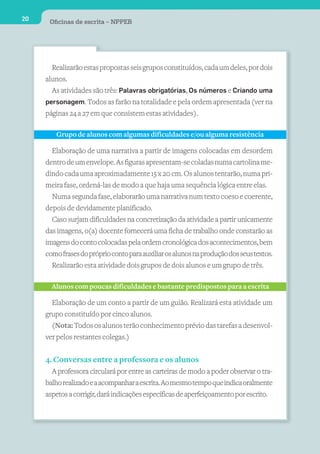 20    Oﬁcinas de escrita – NPPEB




       Realizarão estas propostas seis grupos constituídos, cada um deles, por dois
     alunos.
       As atividades são três: Palavras obrigatórias, Os números e Criando uma
     personagem. Todos as farão na totalidade e pela ordem apresentada (ver na
     páginas 24 a 27 em que consistem estas atividades).

        Grupo de alunos com algumas dificuldades e/ou alguma resistência

       Elaboração de uma narrativa a partir de imagens colocadas em desordem
     dentro de um envelope. As figuras apresentam-se coladas numa cartolina me-
     dindo cada uma aproximadamente 15 x 20 cm. Os alunos tentarão, numa pri-
     meira fase, ordená-las de modo a que haja uma sequência lógica entre elas.
       Numa segunda fase, elaborarão uma narrativa num texto coeso e coerente,
     depois de devidamente planificado.
       Caso surjam dificuldades na concretização da atividade a partir unicamente
     das imagens, o(a) docente fornecerá uma ficha de trabalho onde constarão as
     imagens do conto colocadas pela ordem cronológica dos acontecimentos, bem
     como frases do próprio conto para auxiliar os alunos na produção dos seus textos.
       Realizarão esta atividade dois grupos de dois alunos e um grupo de três.

       Alunos com poucas dificuldades e bastante predispostos para a escrita

       Elaboração de um conto a partir de um guião. Realizará esta atividade um
     grupo constituído por cinco alunos.
       (Nota: Todos os alunos terão conhecimento prévio das tarefas a desenvol-
     ver pelos restantes colegas.)


     4. Conversas entre a professora e os alunos
       A professora circulará por entre as carteiras de modo a poder observar o tra-
     balho realizado e a acompanhar a escrita. Ao mesmo tempo que indica oralmente
     aspetos a corrigir, dará indicações específicas de aperfeiçoamento por escrito.
 