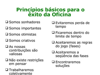 Princípios básicos para o êxito da Oficina   Somos sonhadores Somos importantes Somos otimistas Somos criativos  As nossas contribuições são valiosas Não existe restrições em pensar Trabalharemos coletivamente Evitaremos perda de tempo Ficaremos dentro do limite de tempo Aceitaremos as regras do jogo (fases) Aceitaremos a seqüência das fases Encontraremos soluções 