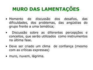 MURO DAS LAMENTAÇÕES Momento de discussão dos desafios, das dificuldades, dos problemas, das angústias do grupo frente a uma temática; Discussão sobre as diferentes percepções e conceitos, que serão utilizados  como instrumentos na última fase.  Deve ser criado um clima  de confiança (mesmo com as críticas expressas) muro, nuvem, lágrima. 