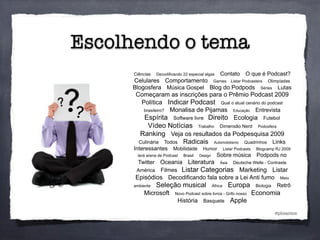 Escolhendo o tema
@phsantos
Ciências Decodificando 22 especial algas Contato O que é Podcast?
Celulares Comportamento Games Listar Podcasters Olimpíadas
Blogosfera Música Gospel Blog do Podpods Séries Lutas
Começaram as inscrições para o Prêmio Podcast 2009
Política Indicar Podcast Qual o atual cenário do podcast
brasileiro? Monalisa de Pijamas Educação Entrevista
Espírita Software livre Direito Ecologia Futebol
Vídeo Notícias Trabalho Dimensão Nerd Podosfera
Ranking Veja os resultados da Podpesquisa 2009
Culinária Todos Radicais Automobilismo Quadrinhos Links
Interessantes Mobilidade Humor Listar Podcasts Blogcamp RJ 2009
terá arena de Podcast Brasil Design Sobre música Podpods no
Twitter Oceania Literatura Ásia Deutsche Welle - Contraste
América Filmes Listar Categorias Marketing Listar
Episódios Decodificando fala sobre a Lei Anti fumo Meio
ambiente Seleção musical África Europa Biologia Retrô
Microsoft Novo Podcast sobre livros - Grifo nosso Economia
História Basquete Apple
 