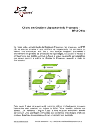 Oficina em Gestão e Mapeamento de Processos -
                                                    BPM Office




Na nossa visão, a implantação da Gestão de Processos nas empresas, ou BPM,
não se resume somente a uma atividade de mapeamento dos processos ou
mesmo sua automação, mas sim a uma atuação integrada envolvendo o
entendimento do portfólio de processos da organização, sua análise e revisão e
principalmente sua gestão contínua. A figura a seguir representa as 5 disciplinas
que devem compor a prática da Gestão de Processos segundo a visão da
ProcessMind:




Este curso é ideal para quem está buscando sólidos conhecimentos em como
desenvolver com sucesso um projeto de BPM Office. Maurício Affonso dos
Santos, Luis Fernando Longuini Cossi e Luis Gustavo Hernandez Bender
apresentam uma abordagem estruturada que contempla metodologia, melhores
práticas, desafios e tecnologias que levam um projeto bem sucedido.


www.grupotreinar.com.br   central de atendimento -> 55(11) 3807-0188 ou atendimento@grupotreinar.com.br
 