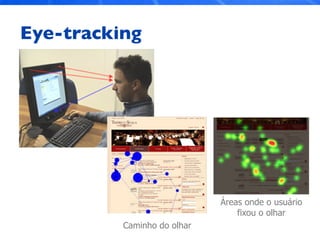 Eye-tracking
Áreas onde o usuário
fixou o olhar
Caminho do olhar
 
