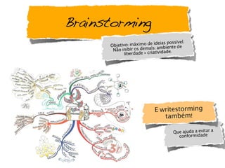 Brainstorming
Objetivo: máximo de ideias possível.
Não inibir os demais: ambiente de
liberdade = criatividade.
Que ajuda a evitar a
conformidade
E writestorming
também!
 